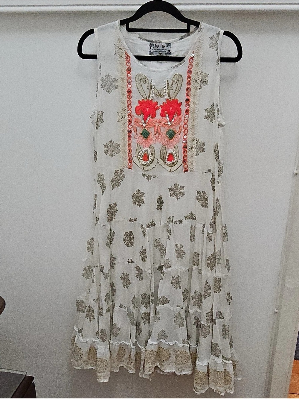 Samsung White Mini Dress with Coral Embroidery and Gold Motifs